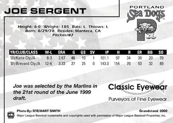2002 Grandstand Portland Sea Dogs #NNO Joe Sergent Back
