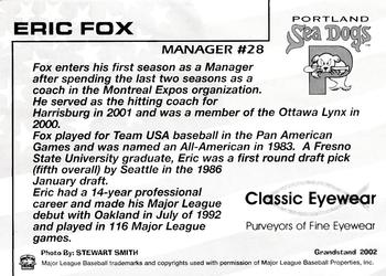 2002 Grandstand Portland Sea Dogs #NNO Eric Fox  Back