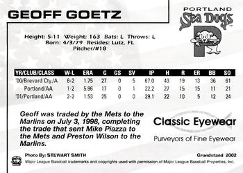2002 Grandstand Portland Sea Dogs #NNO Geoff Goetz Back
