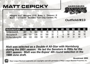 2002 Grandstand Harrisburg Senators #4 Matt Cepicky Back