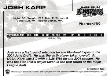 2002 Grandstand Harrisburg Senators #9 Josh Karp Back