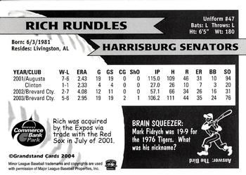 2004 Grandstand Harrisburg Senators #NNO Rich Rundles Back