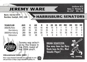 2004 Grandstand Harrisburg Senators #NNO Jeremy Ware Back