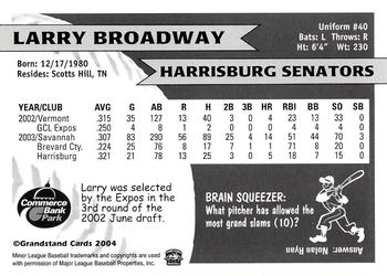 2004 Grandstand Harrisburg Senators #NNO Larry Broadway Back