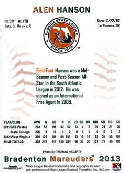 2013 Grandstand Florida State League Top Prospects #NNO Alen Hanson Back