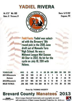 2013 Grandstand Florida State League Top Prospects #NNO Yadiel Rivera Back