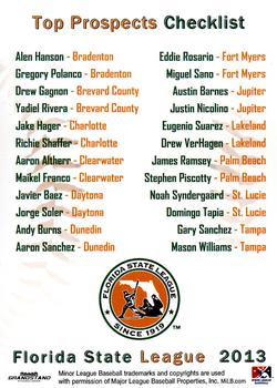 2013 Grandstand Florida State League Top Prospects #NNO Checklist Back