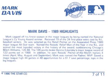 1990 Star Bret Saberhagen / Mark Davis #7 Mark Davis Back