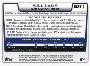 2012 Bowman Chrome - Prospects #BCP114 Will Lamb Back