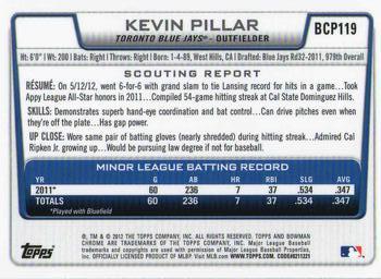 2012 Bowman Chrome - Prospects #BCP119 Kevin Pillar Back