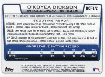2012 Bowman Chrome - Prospects #BCP172 O'Koyea Dickson Back