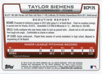 2012 Bowman Chrome - Prospects #BCP175 Taylor Siemens Back