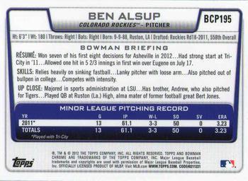 2012 Bowman Chrome - Prospects #BCP195 Ben Alsup Back