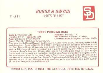 1988 Star Boggs & Gwynn #11 Tony Gwynn Back