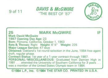 1988 Star Davis & McGwire #9 Mark McGwire Back