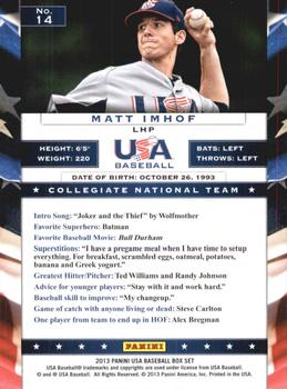 2013 Panini USA Baseball #14 Matt Imhof Back
