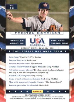 2013 Panini USA Baseball #16 Preston Morrison Back