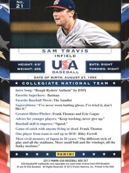 2013 Panini USA Baseball #21 Sam Travis Back