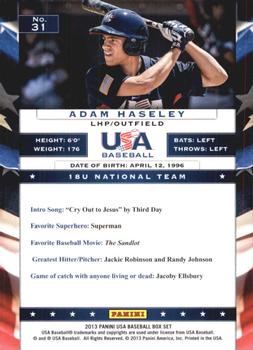 2013 Panini USA Baseball #31 Adam Haseley Back