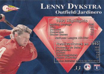 1994 Pacific - Silver Prisms #33 Lenny Dykstra Back