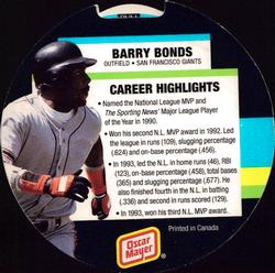 1994 Oscar Mayer Round-Ups #17 Barry Bonds Back