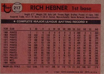 1981 Topps #217 Rich Hebner Back