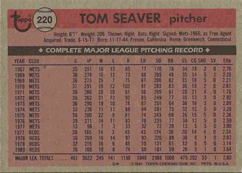 1981 Topps #220 Tom Seaver Back