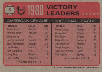 1981 Topps #5 1980 Victory Leaders (Steve Stone / Steve Carlton) Back