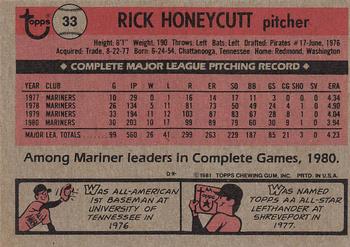 1981 Topps #33 Rick Honeycutt Back