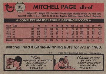 1981 Topps #35 Mitchell Page Back
