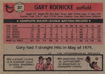 1981 Topps #37 Gary Roenicke Back