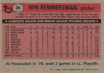 1981 Topps #38 Win Remmerswaal Back