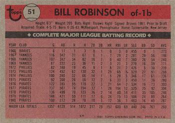 1981 Topps #51 Bill Robinson Back
