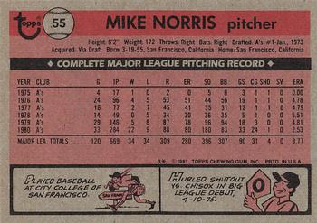 1981 Topps #55 Mike Norris Back