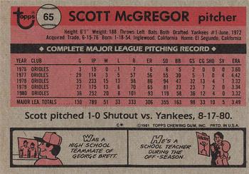 1981 Topps #65 Scott McGregor Back
