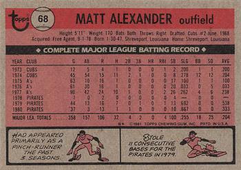1981 Topps #68 Matt Alexander Back
