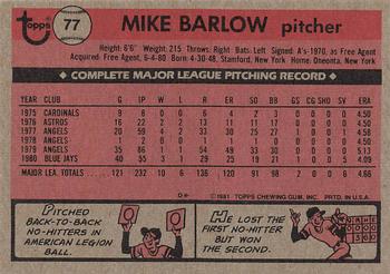 1981 Topps #77 Mike Barlow Back