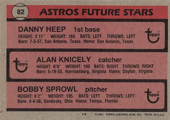 1981 Topps #82 Astros Future Stars (Danny Heep / Alan Knicely / Bobby Sprowl) Back