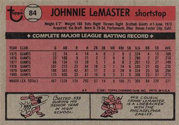 1981 Topps #84 Johnnie LeMaster Back