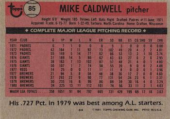 1981 Topps #85 Mike Caldwell Back