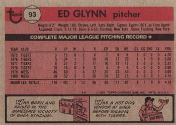 1981 Topps #93 Ed Glynn Back
