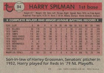 1981 Topps #94 Harry Spilman Back
