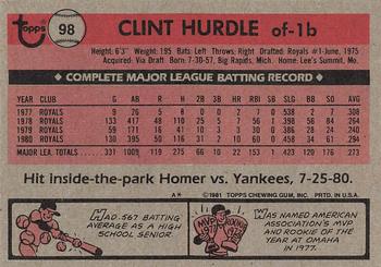 1981 Topps #98 Clint Hurdle Back
