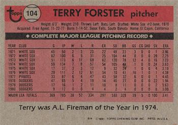 1981 Topps #104 Terry Forster Back