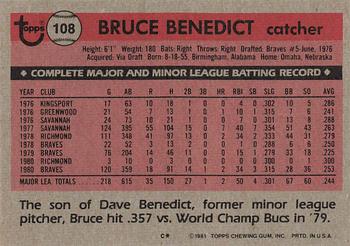1981 Topps #108 Bruce Benedict Back