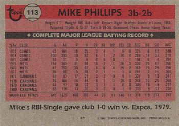 1981 Topps #113 Mike Phillips Back