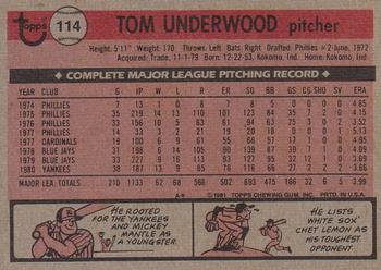1981 Topps #114 Tom Underwood Back
