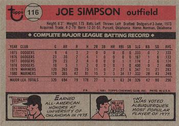 1981 Topps #116 Joe Simpson Back