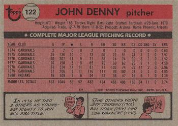 1981 Topps #122 John Denny Back