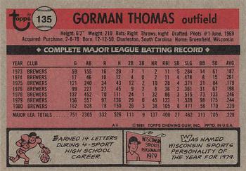 1981 Topps #135 Gorman Thomas Back